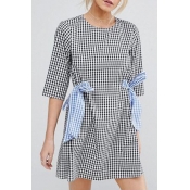 New Fashion Round Neck Half Sleeve Plaids Pattern Bow Waist Mini Casual Dress