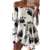 Sexy Off The Shoulder Long Sleeve Elastic Waist Floral Printed Mini Dress