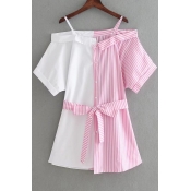 Striped Printed Color Block Cold Shoulder Short Sleeve Mini A-Line Dress