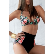 New Fashion Retro Floral Printed High Waist Bottom Bikini Swimwear