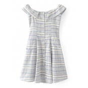 Classic Striped Printed Boat Neck Sleeveless Buttons Down Mini A-Line Dress