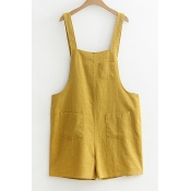 Casual Leisure Straps Sleeveless Linen Plain Overalls with Pockets