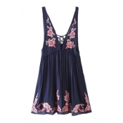 Floral Embroidered Plunge Neck Sleeveless Mini A-Line Tank Dress