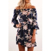 Sexy Off The Shoulder 3/4 Bell Sleeve Floral Printed Mini Dress