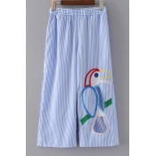 Parrot Embroidered Elastic Waist Striped Printed Wide Legs Loose Pants