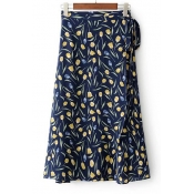 Summer's Fresh Floral Printed Tie Side Chiffon Midi Wrap Skirt