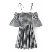 Spaghetti Straps Cold Shoulder Flared Sleeve Classic Plaids Print Mini A-Line Dress