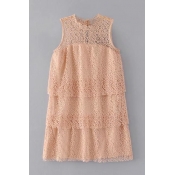 Chic Hollow Out Lace Inserted Round Neck Sleeveless Plain Layered Mini Dress
