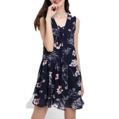 Floral Printed V Neck Sleeveless Lace-Up Chiffon Mini A-Line Dress