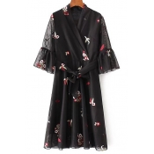 Wrap V Neck Flared Sleeve Floral Embroidered Tie Waist Chiffon Midi A-Line Dress