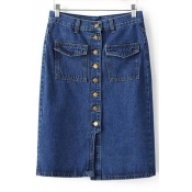 New Arrival High Rise Buttons Down Midi Pencil Denim Skirt with Pockets