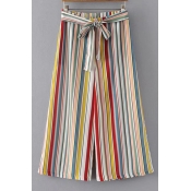 High Rise Bow Tie Waist Colorful Striped Printed Wide Legs Pants