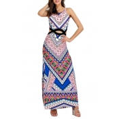 Hot Fashion Sleeveless Cut Out Waist Tribal Printed Maxi Beach Dress