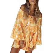New Arrival Off the Shoulder Bell Long Sleeve Floral Printed Cutout Front Rompers