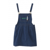 Cartoon Cat Embroidered Casual Leisure Mini Denim Overall Dress with Pockets