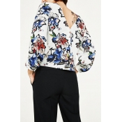 Chic V Back Round Neck 3/4 Sleeve Floral Printed Pullover Loose Blouse
