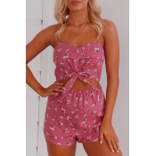 Summer's Floral Printed Spaghetti Straps Cut Out Waist Fashion Open Back Rompers