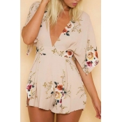 New Fashion Plunge Neck Short Sleeve Open Back Floral Printed Rompers