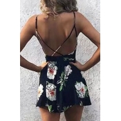 Chic Floral Pattern Spaghetti Straps Open Back Casual Leisure Rompers