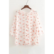 Summer's Simple Watermelon Printed Hooded 3/4 Sleeve Buttons Down Sun Coat