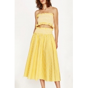 Classic Plaids Pattern Bandeau Cropped Top Chic A-Line Maxi Skirt Co-ords