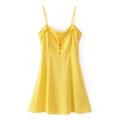 Lace-Up Front Spaghetti Straps Summer's Fresh Yellow Mini A-Line Slip Dress
