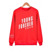 YOUNG FOREVER Letter Printed Long Sleeve Round Neck Pullover Sweatshirt