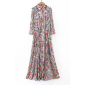 New Fashion Lapel Collar Floral Striped Printed Buttons Down Maxi Shirt Dress