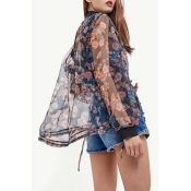 Summer's Organza Stand Up Collar Long Sleeve Floral Printed Zip Up Sun Coat