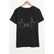 Street Style Funny Fingers Letter Printed Round Neck Short Sleeve Casual T-Shirt
