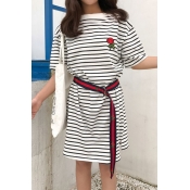 Fashion Embroidery Floral Striped Short Sleeve Round Neck T-Shirt Dress with Belt