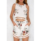 Hot Fashion Floral Printed Tassel Hem Round Neck Sleeveless Top with Casual Loose Shorts