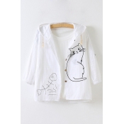 Lovely Cartoon Cat Printed Hooded Single Breasted Loose Sun Coat
