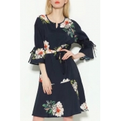 Fashion Floral Printed Round Neck Flared Sleeve Midi A-Line Dress