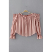 New Fashion Off The Shoulder Long Sleeve Plain Cropped Pullover Blouse