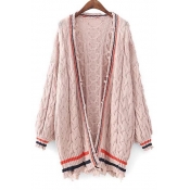 New Collection Open Front Long Sleeve Color Block Striped Printed Cable Knit Cardigan