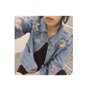 Retro Floral Embroidered Buttons Down Long Sleeve BF Style Denim Jacket