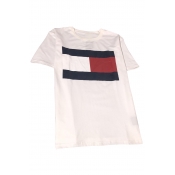 Summer's Color Block Square Printed Round Neck Short Sleeve Leisure Tee