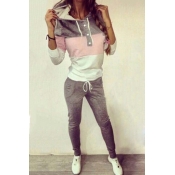 New Fashion Color Block Long Sleeve Hoodie with Drawstring Waist Sports Pants