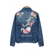 Chic Floral Bird Embroidered Back Lapel Collar Long Sleeve Denim Jacket