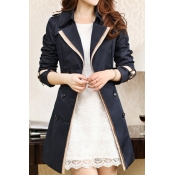 Notched Lapel Collar Long Sleeve Color Block Double Breasted Trench Coat