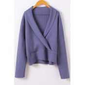 New Stylish Wrap V-Neck Long Sleeve Plain Pullover Sweater