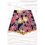 Retro Floral Printed High Rise Chic Pom Pom Hem Wide Legs Shorts