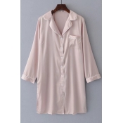 Notched Lapel Long Sleeve Single Breasted Plain Tunic Shirt Dress