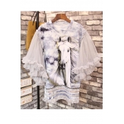 New Arrival Round Neck Layered Sleeve Horse Printed Mini Dress