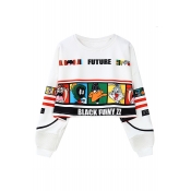 Cartoon Character Printed Round Neck Long Sleeve Chic Pullover Cropped Sweatshirt