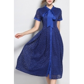 Chic Bow Tie Collar Short Sleeve Fashion Lace Inserted Midi A-Line Dress