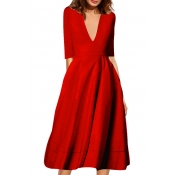 Hot Fashion Elegant Chic Plunge Neck Half Sleeve Plain Midi A-Line Dress