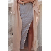 New Arrival Fashion Buttons Down Slit Side Plain Maxi Knit Bodycon Skirt