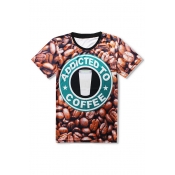 New Stylish 3D Coffee Beans Pattern Round Neck Short Sleeve Pullover T-Shirt